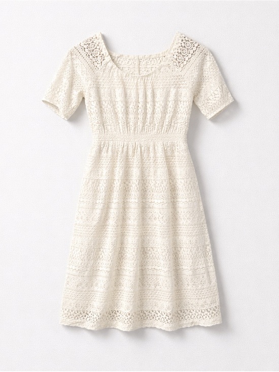 Dresses & Skirts - White Knit Knee Length Dress with Slip No Tags Open Eyelet Short Sleeve